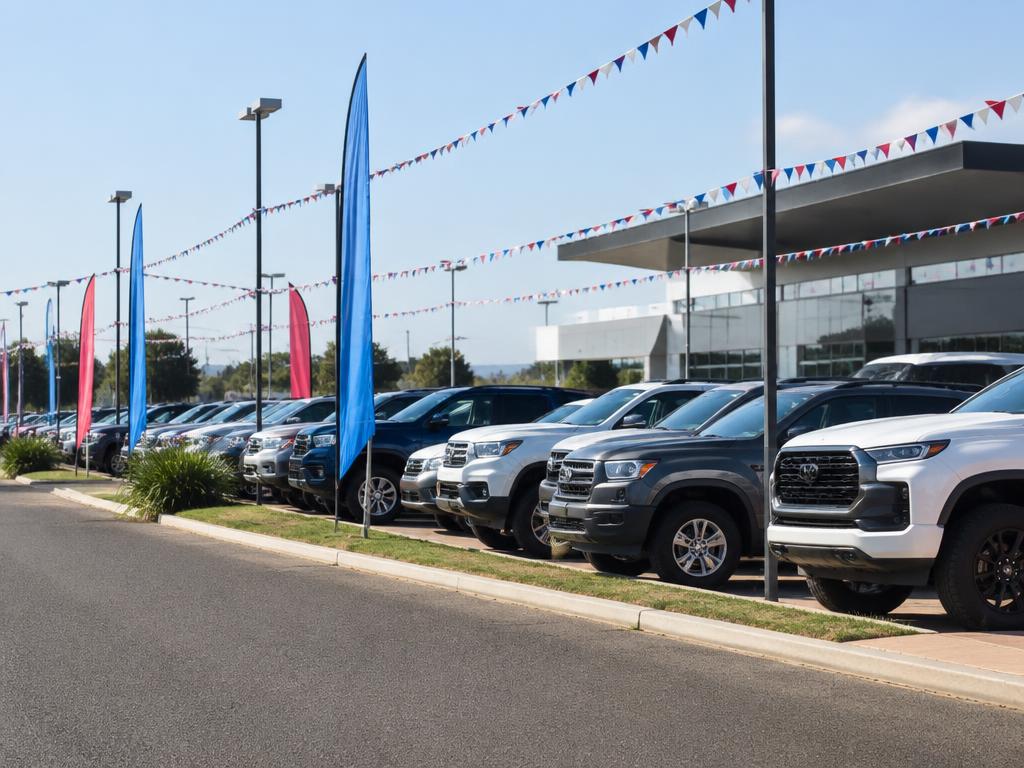 New cars lined up along a dealership strip