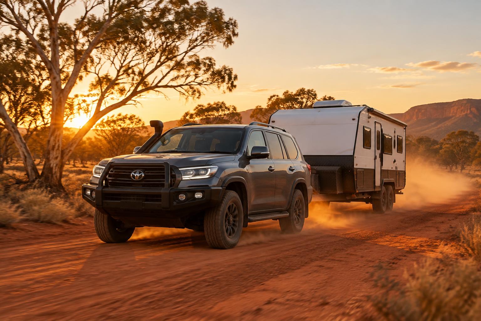 An SUV towing a caravan on an outback road