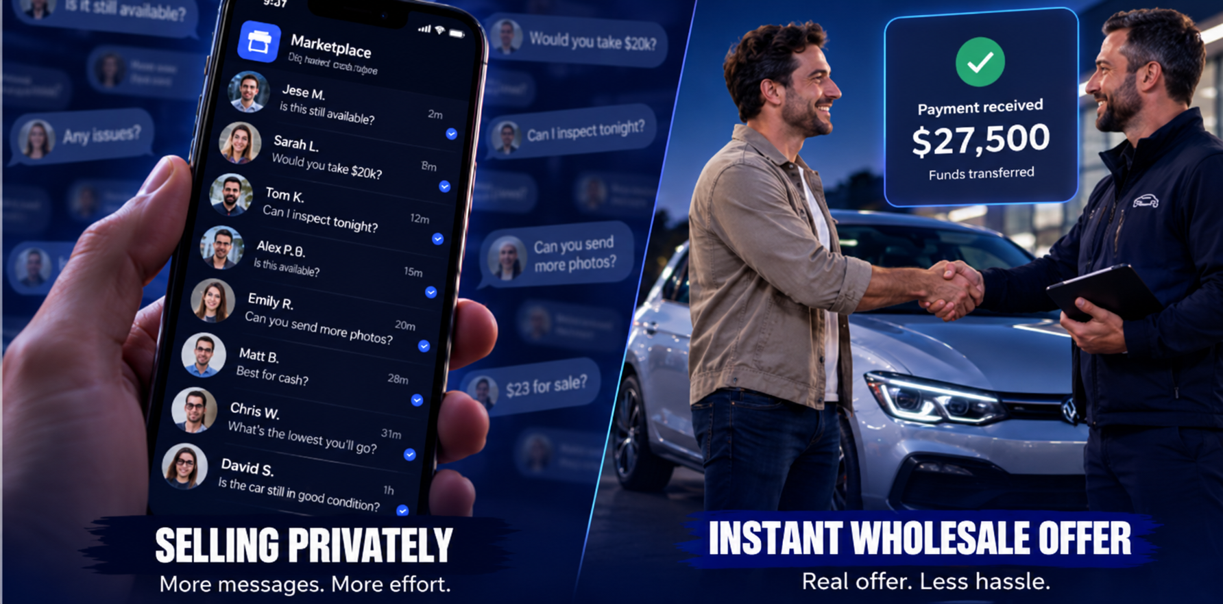 Selling privately means more messages and more effort; an instant wholesale offer is a real offer with less hassle.